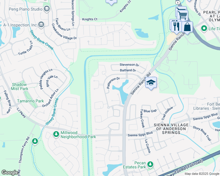 map of restaurants, bars, coffee shops, grocery stores, and more near 6810 Patterson Drive in Missouri City
