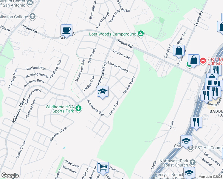 map of restaurants, bars, coffee shops, grocery stores, and more near 9846 Dawn Trail in San Antonio
