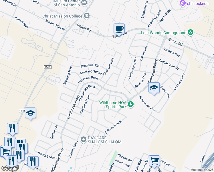map of restaurants, bars, coffee shops, grocery stores, and more near 10742 Palomino Bend in San Antonio