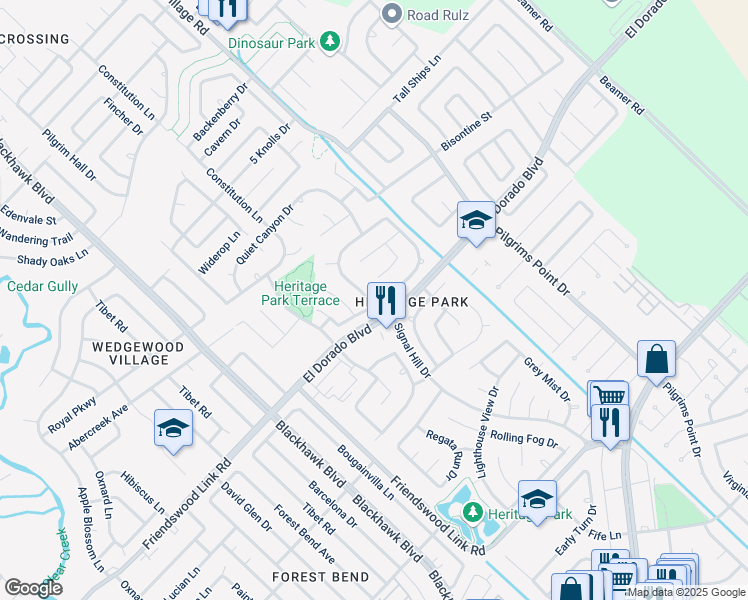 map of restaurants, bars, coffee shops, grocery stores, and more near 16810 Bending Creek Lane in Friendswood