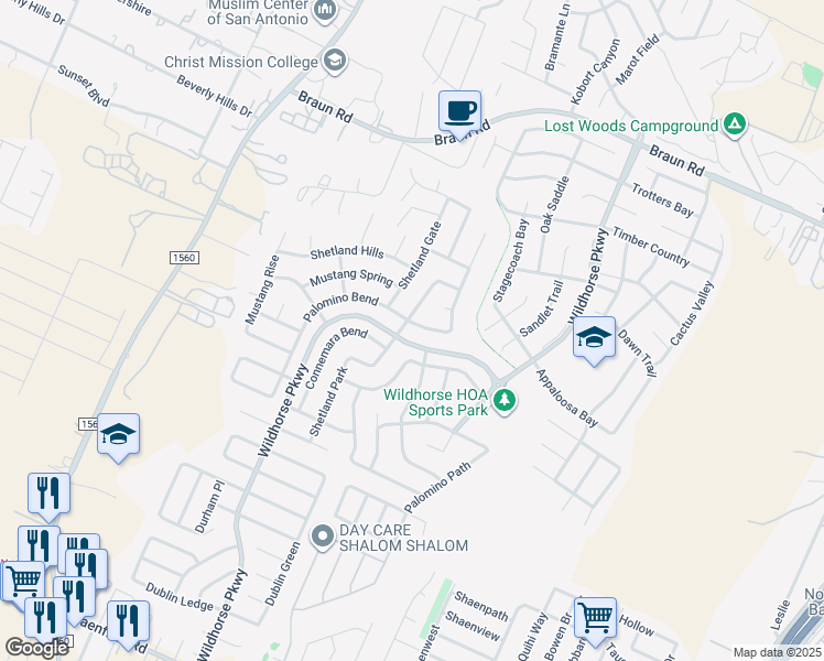 map of restaurants, bars, coffee shops, grocery stores, and more near 10742 Palomino Bend in San Antonio