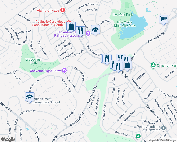 map of restaurants, bars, coffee shops, grocery stores, and more near 10707 Laurel Creek in Converse