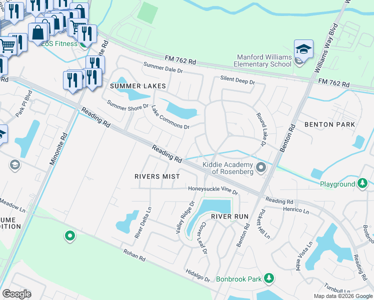 map of restaurants, bars, coffee shops, grocery stores, and more near 523 Summer Oaks Court in Rosenberg