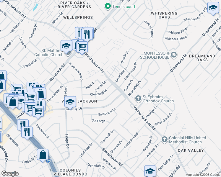 map of restaurants, bars, coffee shops, grocery stores, and more near 3214 Clearfield Drive in San Antonio
