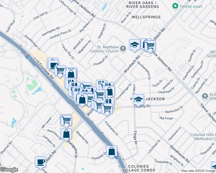 map of restaurants, bars, coffee shops, grocery stores, and more near 10225 Wurzbach Road in San Antonio