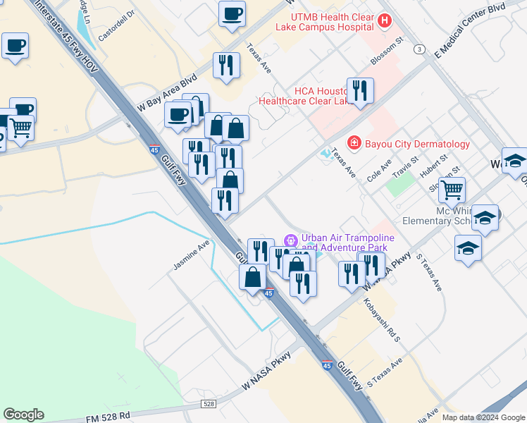 map of restaurants, bars, coffee shops, grocery stores, and more near 1015 North Kobayashi Road in Webster