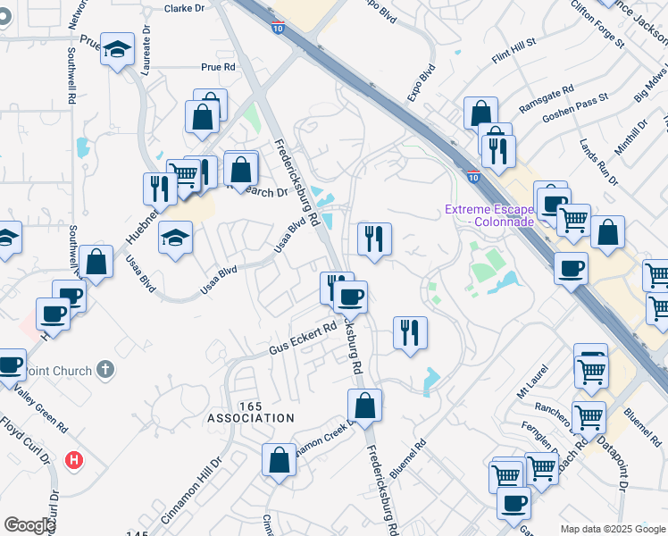 map of restaurants, bars, coffee shops, grocery stores, and more near 9939 Fredericksburg Road in San Antonio