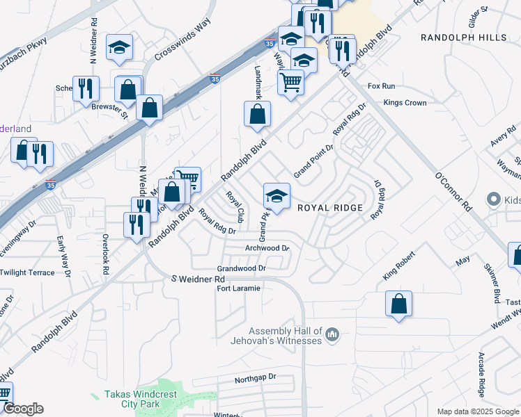 map of restaurants, bars, coffee shops, grocery stores, and more near 5846 Royal Haven in San Antonio