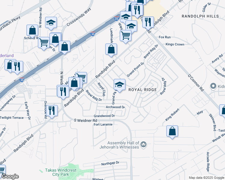 map of restaurants, bars, coffee shops, grocery stores, and more near 5846 Royal Haven in San Antonio