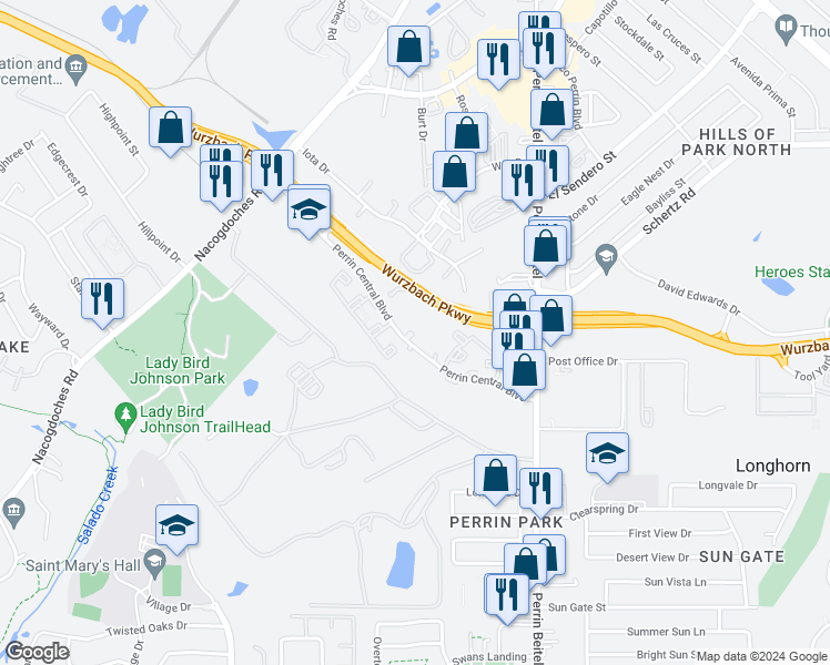 map of restaurants, bars, coffee shops, grocery stores, and more near 3800 Perrin Central Boulevard in San Antonio