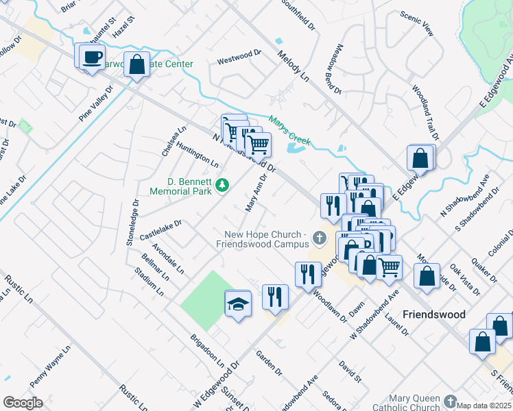 map of restaurants, bars, coffee shops, grocery stores, and more near 205 Mary Ann Drive in Friendswood