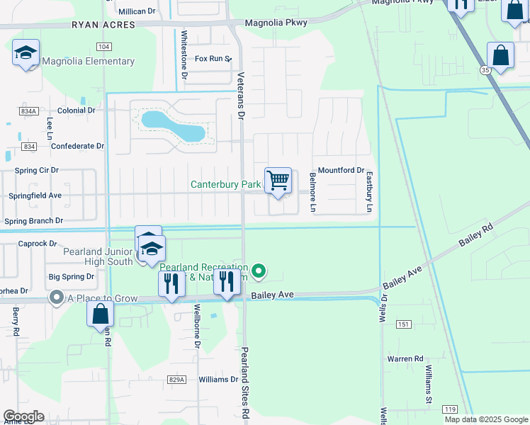 map of restaurants, bars, coffee shops, grocery stores, and more near 3806 Parry Court in Pearland