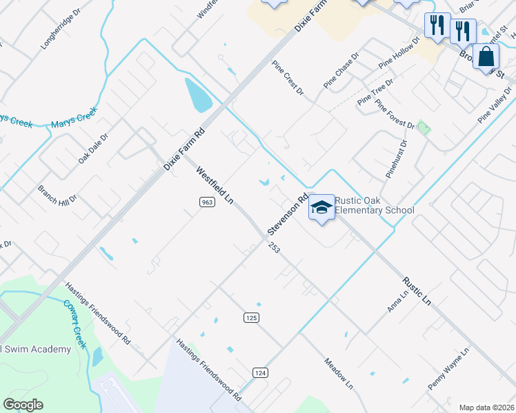 map of restaurants, bars, coffee shops, grocery stores, and more near 1521 Westfield Lane in Pearland