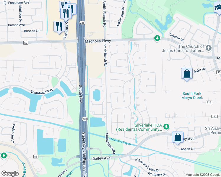 map of restaurants, bars, coffee shops, grocery stores, and more near 3602 Shady Grove Drive in Manvel