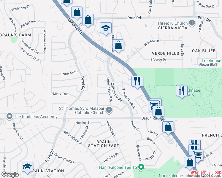 map of restaurants, bars, coffee shops, grocery stores, and more near 9510 Antoine Forest Drive in San Antonio