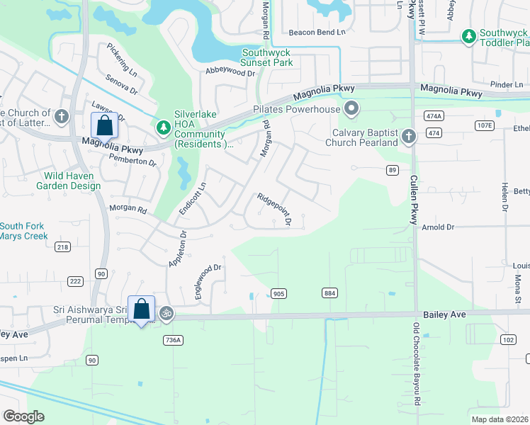 map of restaurants, bars, coffee shops, grocery stores, and more near 3323 Ridgepoint Court in Pearland
