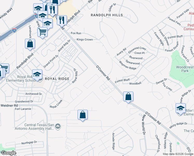 map of restaurants, bars, coffee shops, grocery stores, and more near 6522 Ithaca Falls in San Antonio