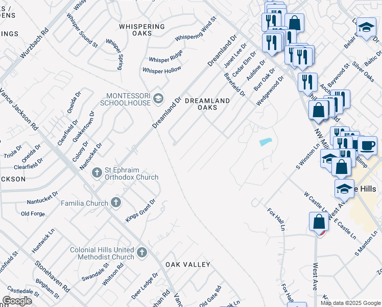 map of restaurants, bars, coffee shops, grocery stores, and more near 10327 Burr Oak Drive in San Antonio