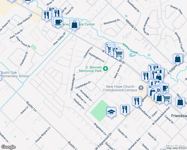 map of restaurants, bars, coffee shops, grocery stores, and more near 510 Castlelake Drive in Friendswood