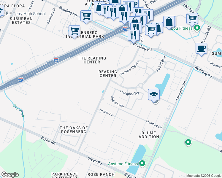 map of restaurants, bars, coffee shops, grocery stores, and more near 5718 Euclid Loop in Rosenberg