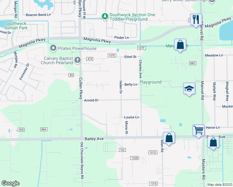 map of restaurants, bars, coffee shops, grocery stores, and more near 4719 Arnold Drive in Pearland
