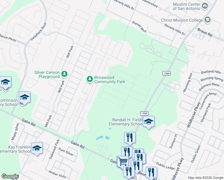 map of restaurants, bars, coffee shops, grocery stores, and more near 9563 Fm 1560 North in San Antonio