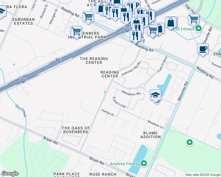 map of restaurants, bars, coffee shops, grocery stores, and more near 5718 Euclid Loop in Rosenberg
