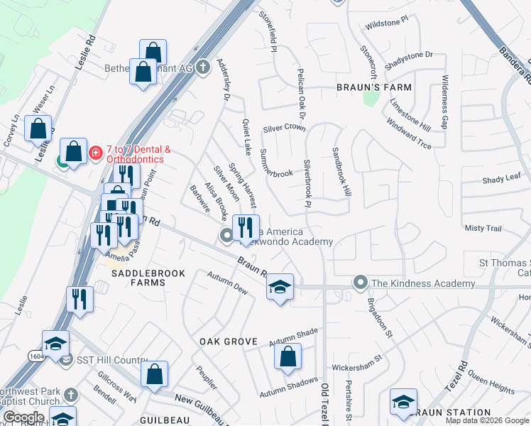 map of restaurants, bars, coffee shops, grocery stores, and more near 9622 Spring Harvest in San Antonio