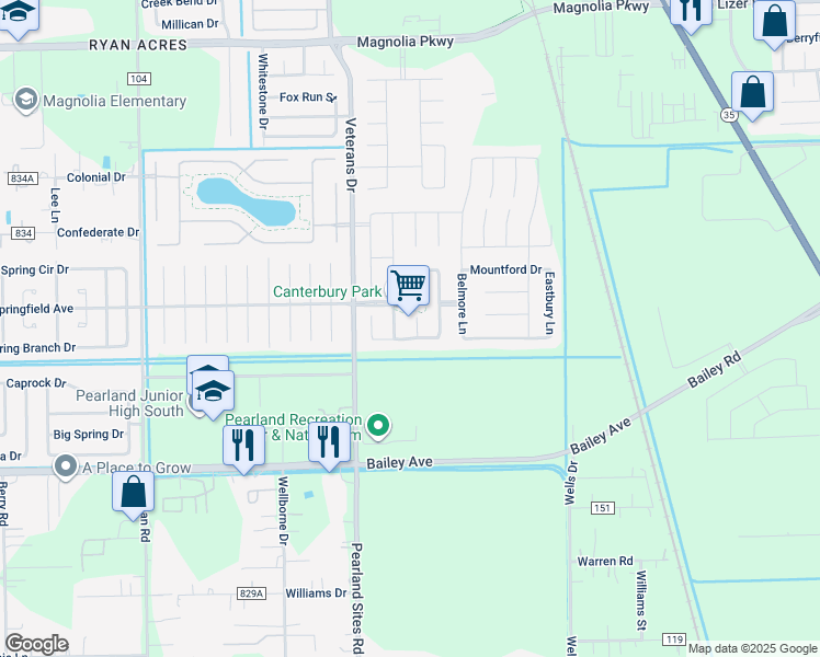 map of restaurants, bars, coffee shops, grocery stores, and more near 3806 Parry Court in Pearland