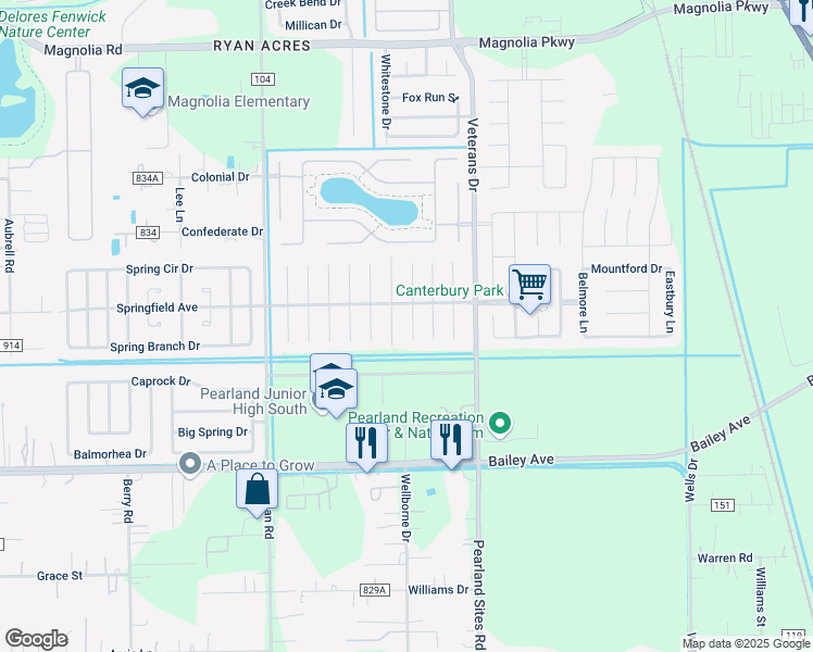 map of restaurants, bars, coffee shops, grocery stores, and more near 4008 Cedarwood Drive in Pearland