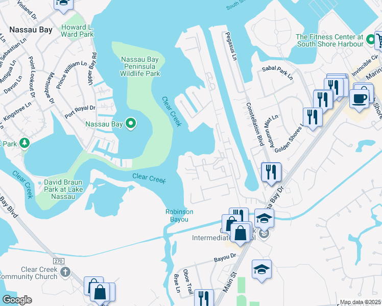 map of restaurants, bars, coffee shops, grocery stores, and more near 2310 Crows Nest Drive in League City