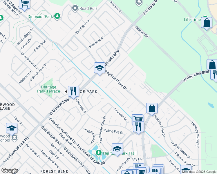 map of restaurants, bars, coffee shops, grocery stores, and more near 17038 Coachmaker Drive in Friendswood