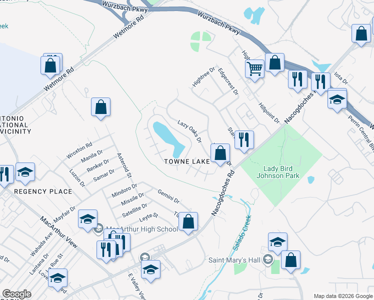 map of restaurants, bars, coffee shops, grocery stores, and more near 10990 Lake Path Drive in San Antonio