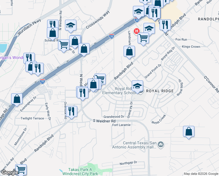 map of restaurants, bars, coffee shops, grocery stores, and more near 5820 Royal Bend in San Antonio