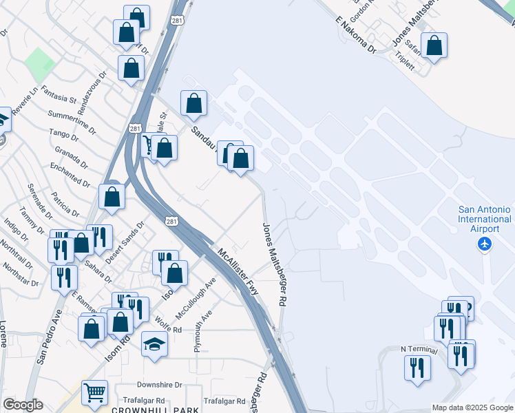 map of restaurants, bars, coffee shops, grocery stores, and more near 10103 Jones Maltsberger Road in San Antonio