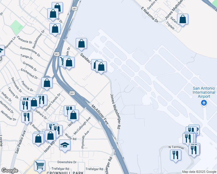 map of restaurants, bars, coffee shops, grocery stores, and more near 990 Isom Road in San Antonio
