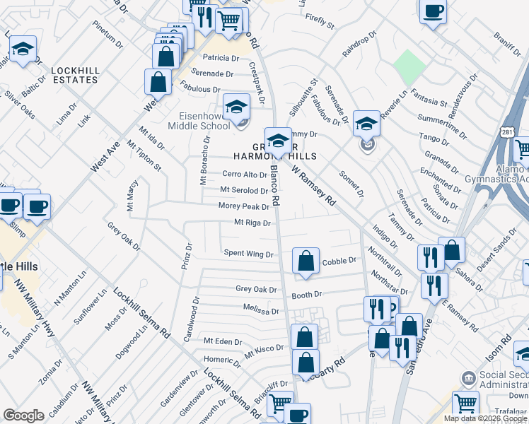 map of restaurants, bars, coffee shops, grocery stores, and more near 1000 Mount Riga Drive in San Antonio