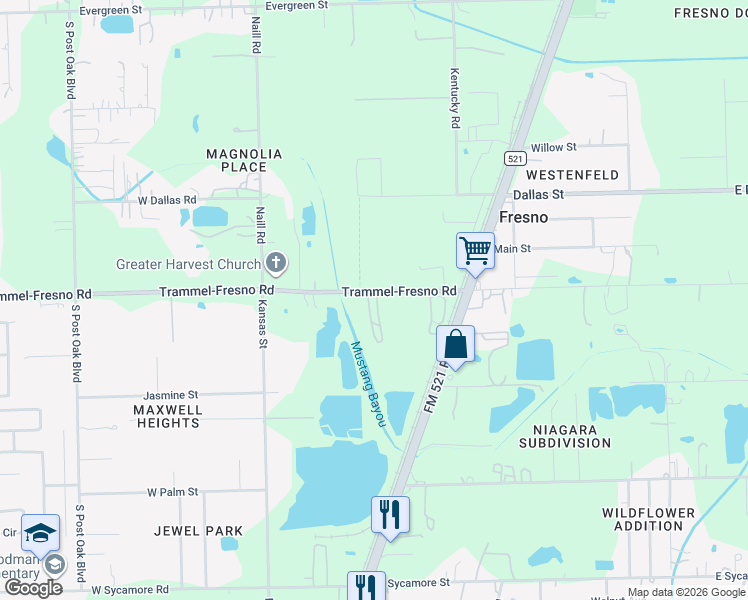 map of restaurants, bars, coffee shops, grocery stores, and more near 345-399 Trammel-Fresno Road in Fresno