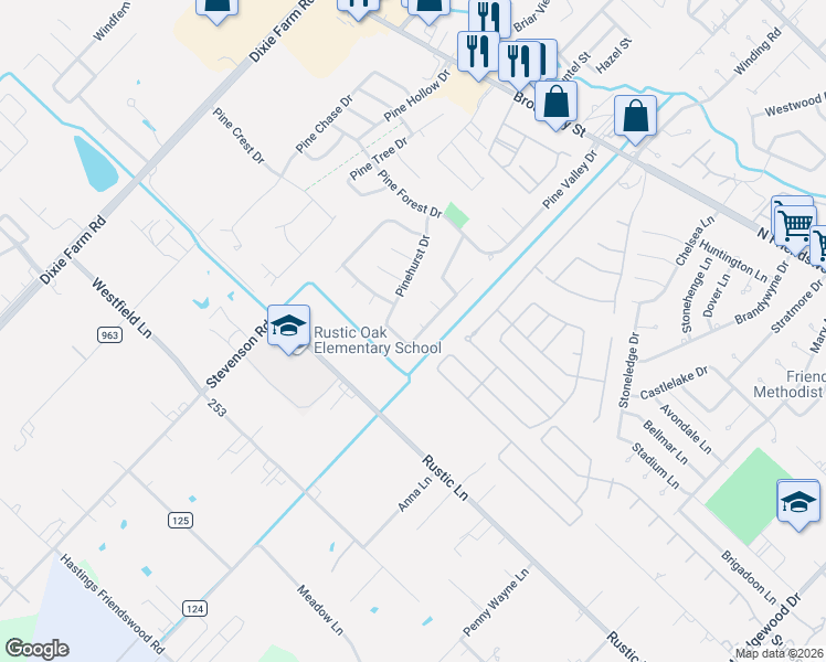 map of restaurants, bars, coffee shops, grocery stores, and more near 1404 Pineland Drive in Pearland