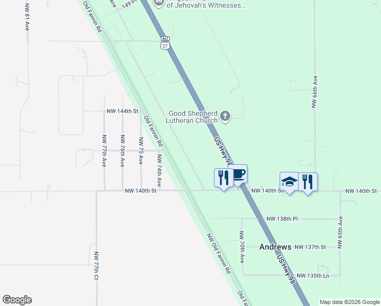 map of restaurants, bars, coffee shops, grocery stores, and more near 14251 Northwest 72nd Terrace in Trenton