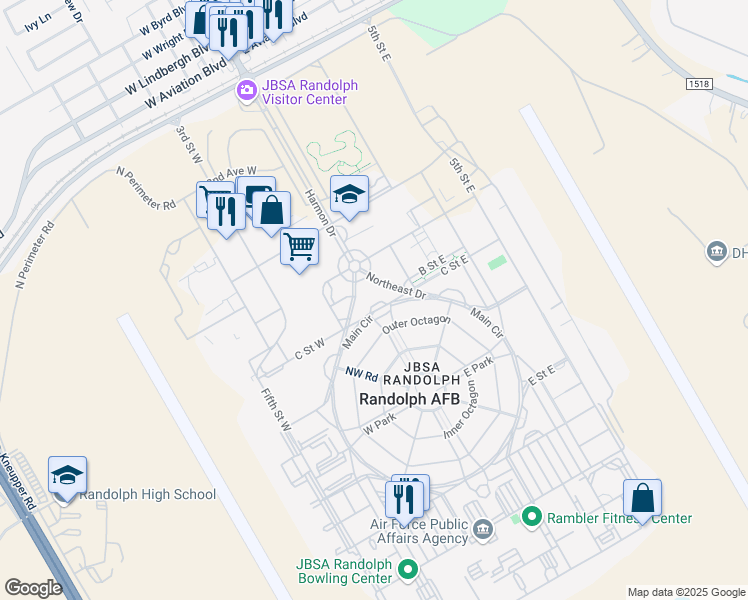 map of restaurants, bars, coffee shops, grocery stores, and more near 555 E Street East in JBSA Randolph