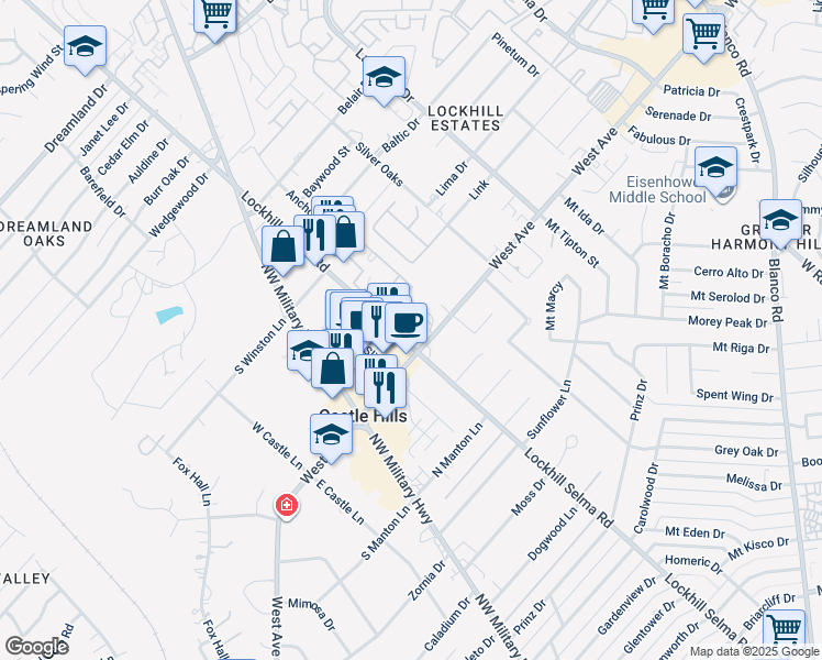 map of restaurants, bars, coffee shops, grocery stores, and more near 10411 West Avenue in San Antonio