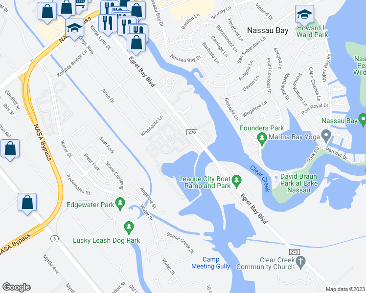 map of restaurants, bars, coffee shops, grocery stores, and more near 18800 Egret Bay Boulevard in Houston