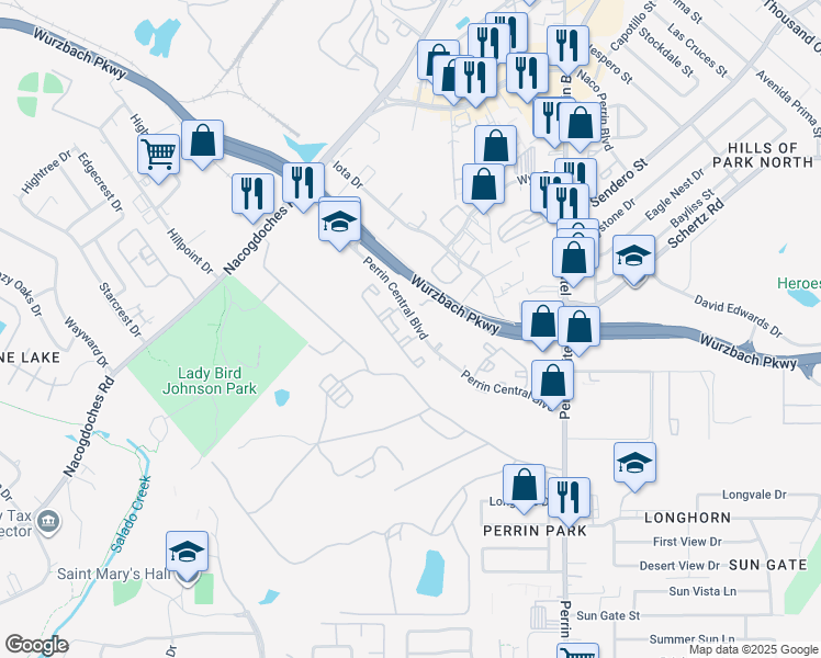 map of restaurants, bars, coffee shops, grocery stores, and more near 3787 Perrin Central Boulevard in San Antonio
