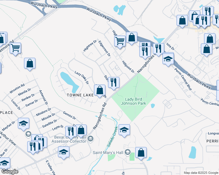 map of restaurants, bars, coffee shops, grocery stores, and more near 10557 Starcrest Drive in San Antonio