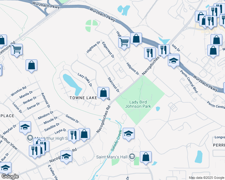 map of restaurants, bars, coffee shops, grocery stores, and more near 10557 Starcrest Drive in San Antonio