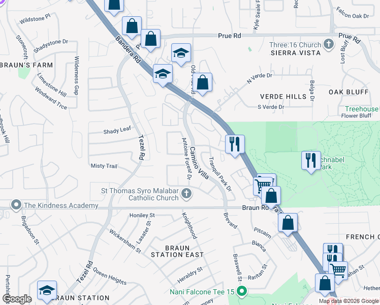 map of restaurants, bars, coffee shops, grocery stores, and more near 9602 Antoine Forest Drive in San Antonio