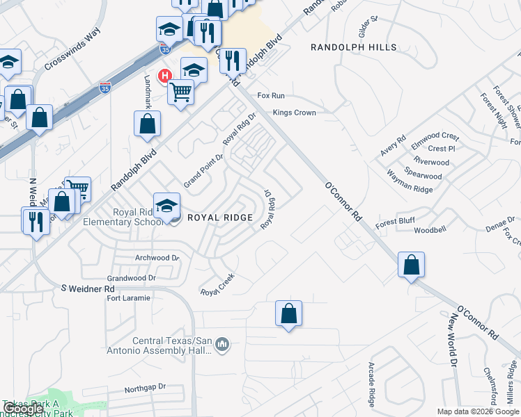 map of restaurants, bars, coffee shops, grocery stores, and more near 6122 Royal Breeze in San Antonio