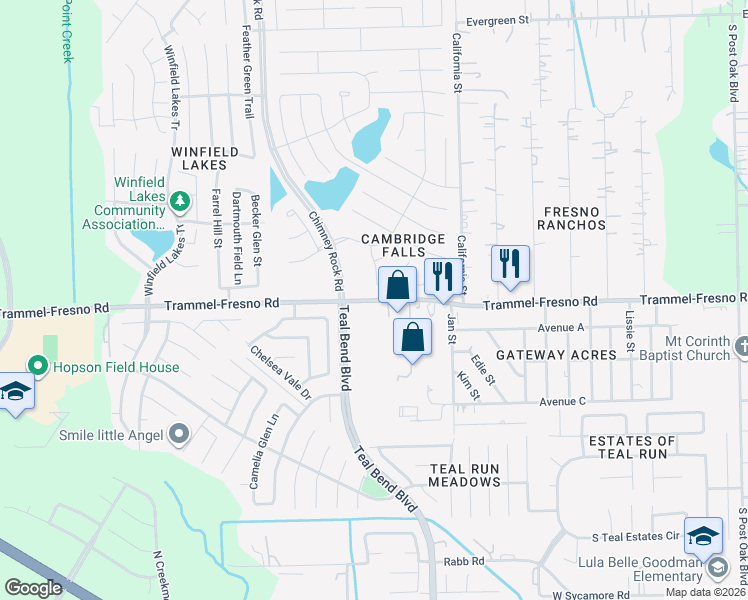 map of restaurants, bars, coffee shops, grocery stores, and more near 1918 Trammel-Fresno Road in Fresno