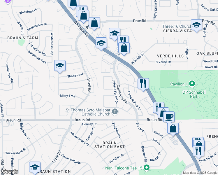 map of restaurants, bars, coffee shops, grocery stores, and more near 8519 Camberwell Drive in San Antonio